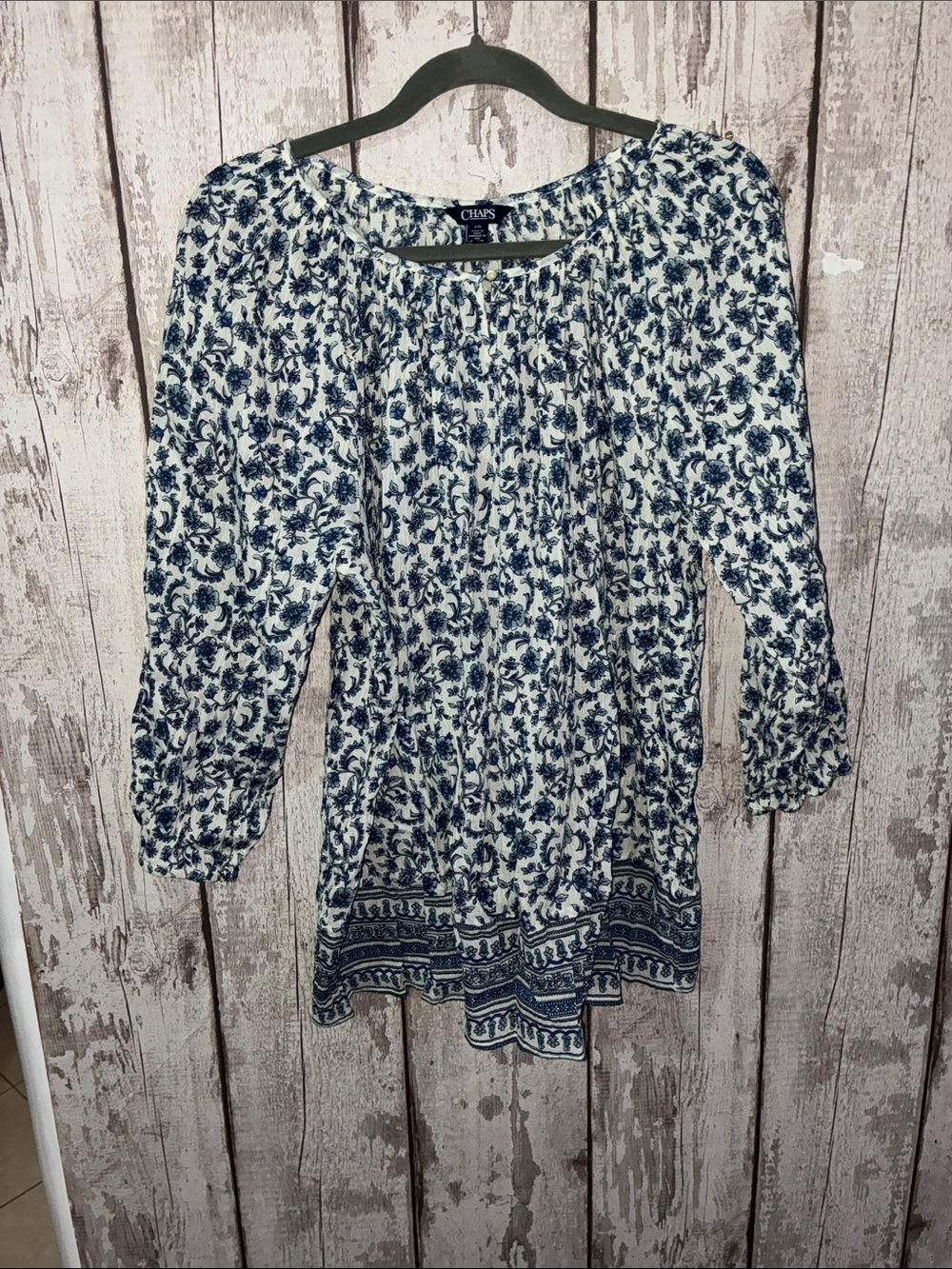 Chaps White and Blue Floral Peasant Tunic